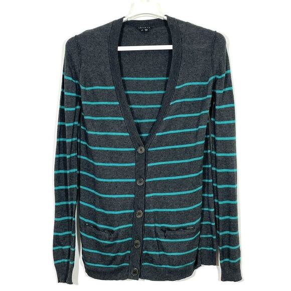 Theory Lonnie S Cashcotton Gray Apollo Stripe Cashmere Blend Cardigan Large - Picture 1 of 11